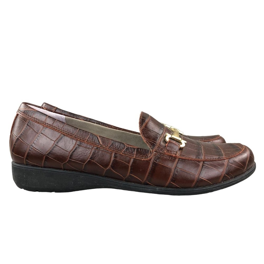 Aravon Women's Size 8.5 Abbey Brown Croco Leather Slip On Metallic Bit Loafers